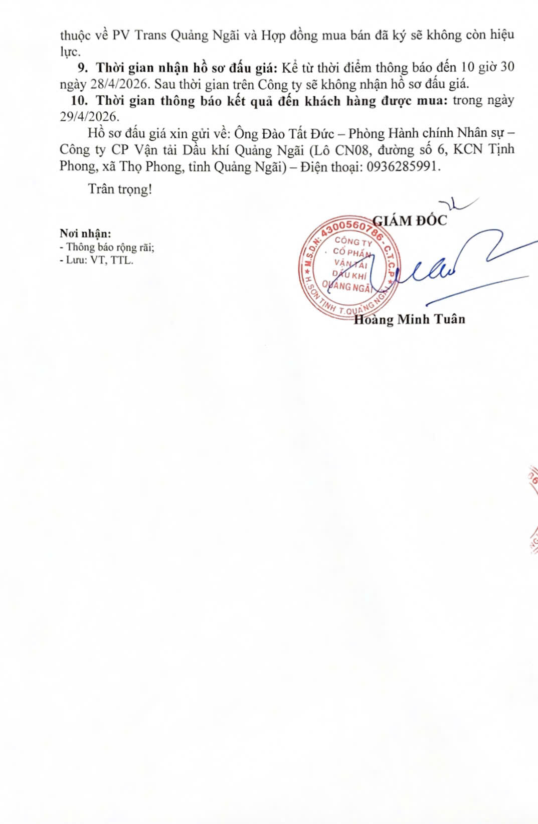 Thông báo về việc thanh lý xe ô tô