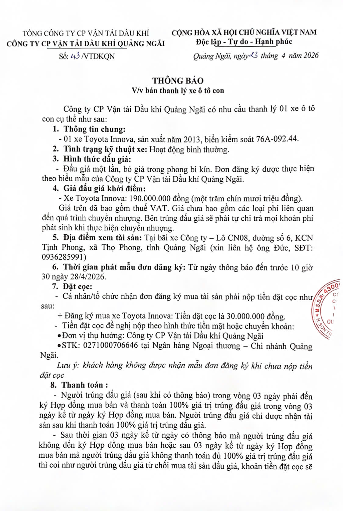 Thông báo về việc thanh lý xe ô tô