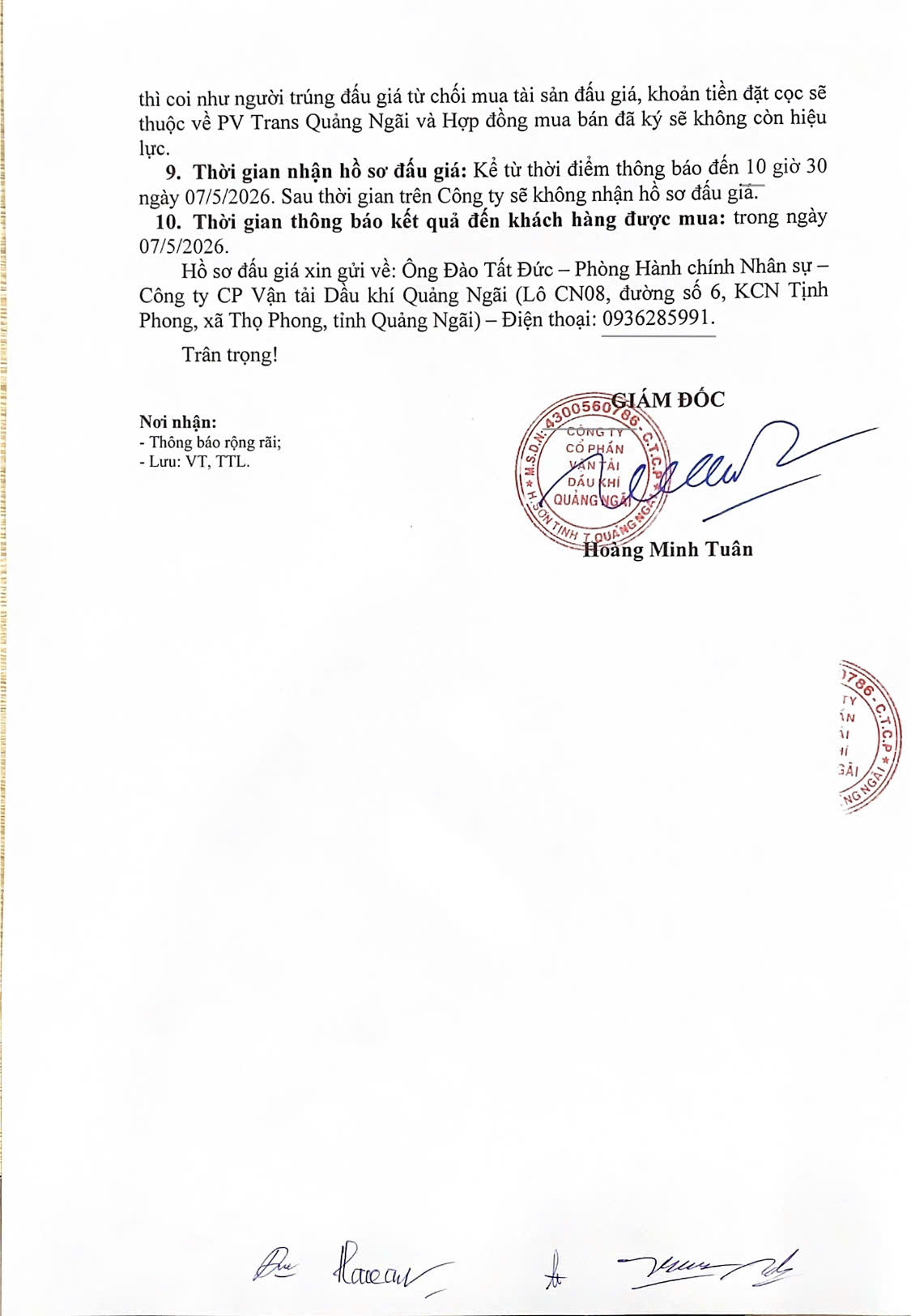PVTrans Quảng Ngãi thông báo về việc bán thanh lý xe ô tô con.
