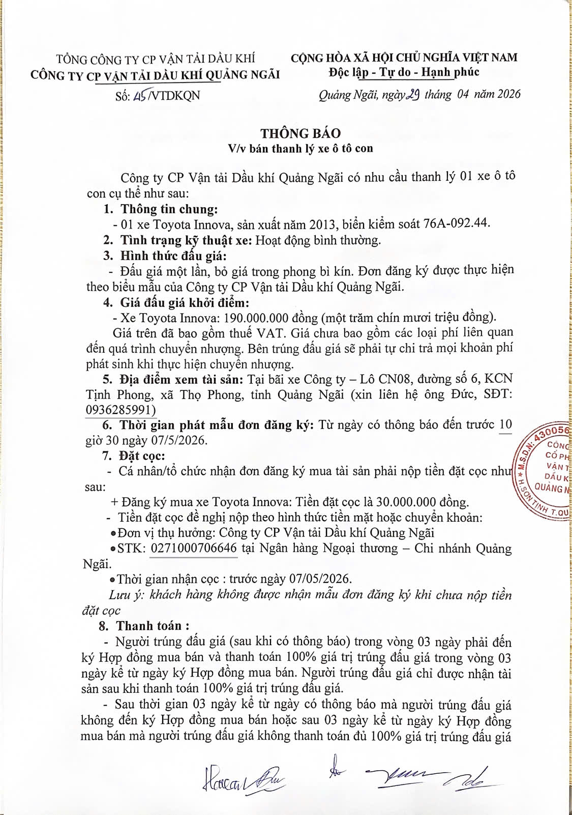 PVTrans Quảng Ngãi thông báo về việc bán thanh lý xe ô tô con.